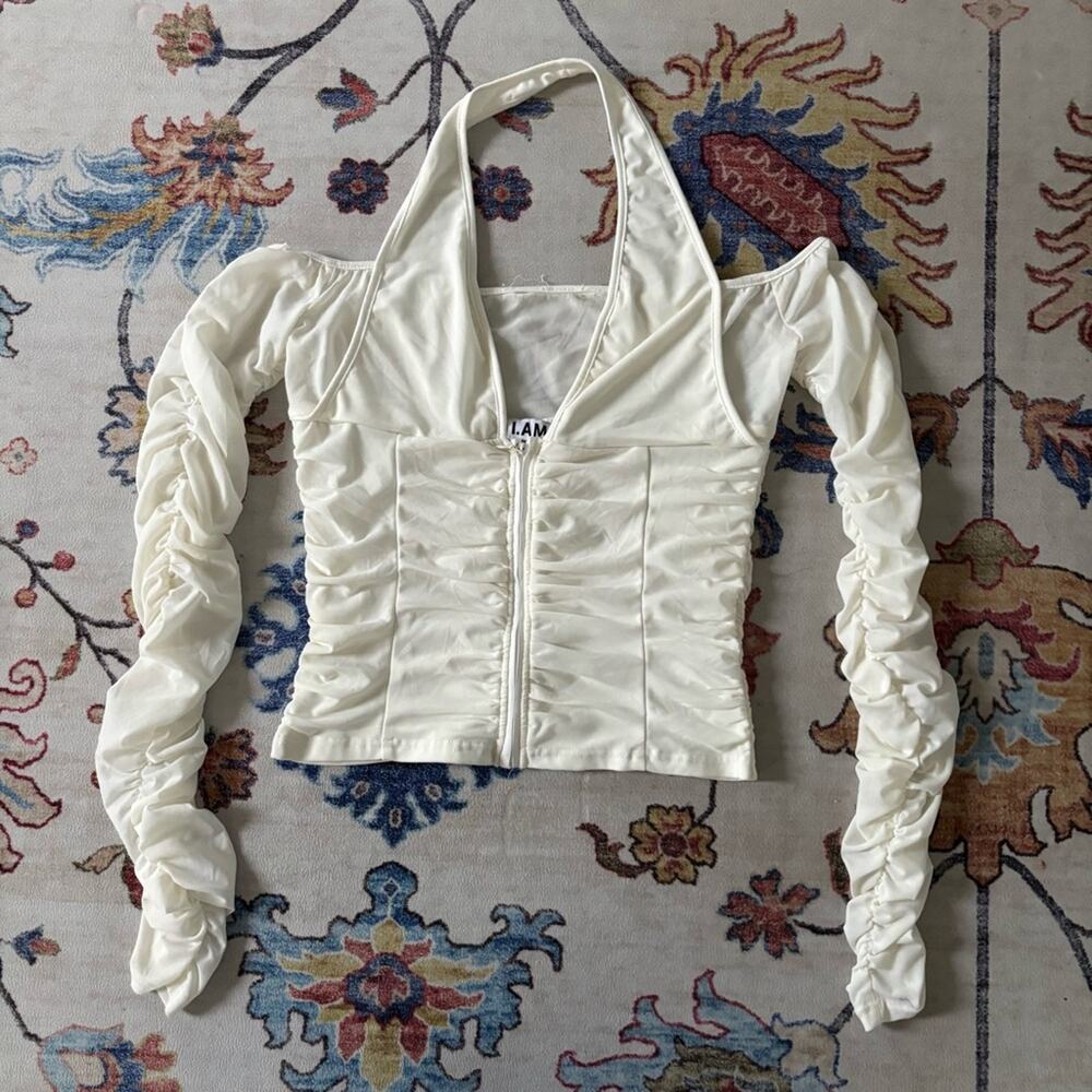 I.AM.GIA Diego Top in White Halter Neck Ruched Detail Cold Shoulder Top Large